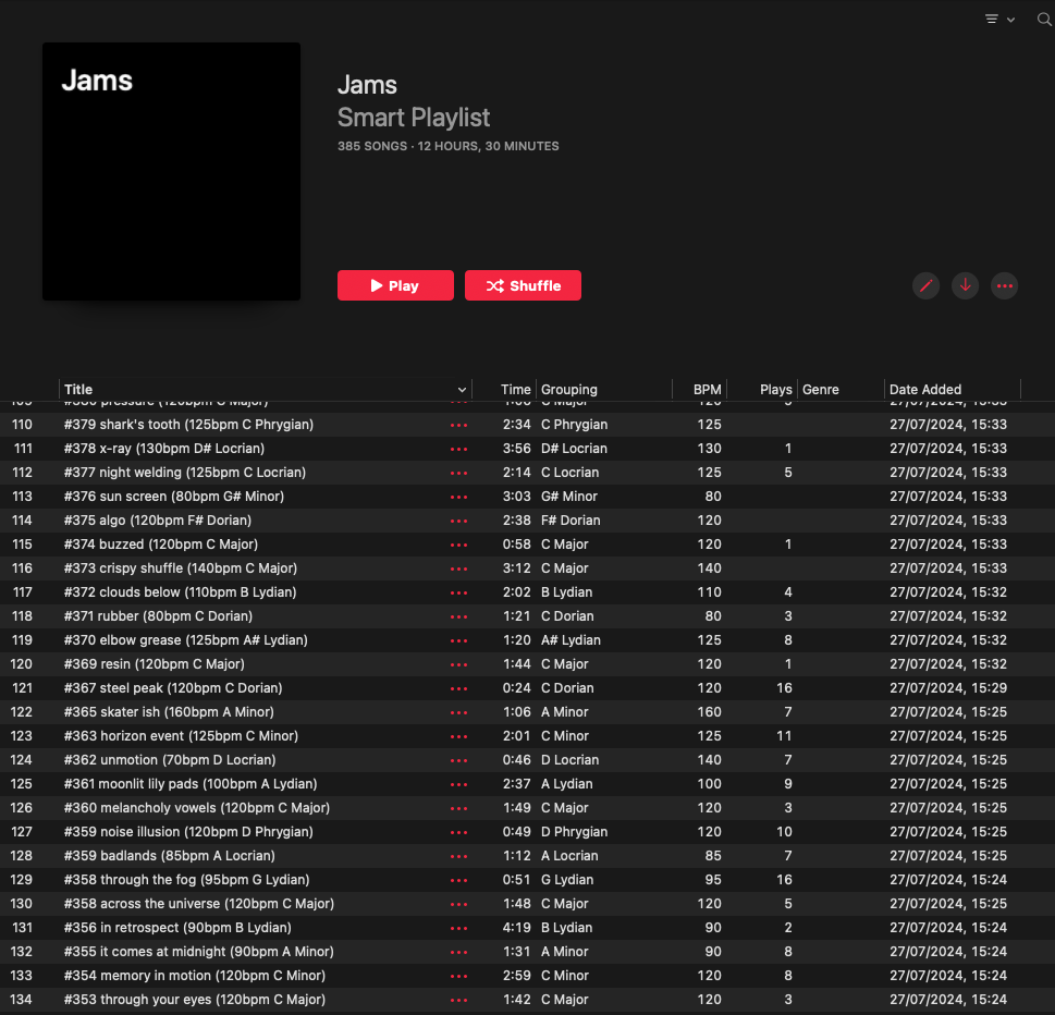 Screenshot of jams playlist