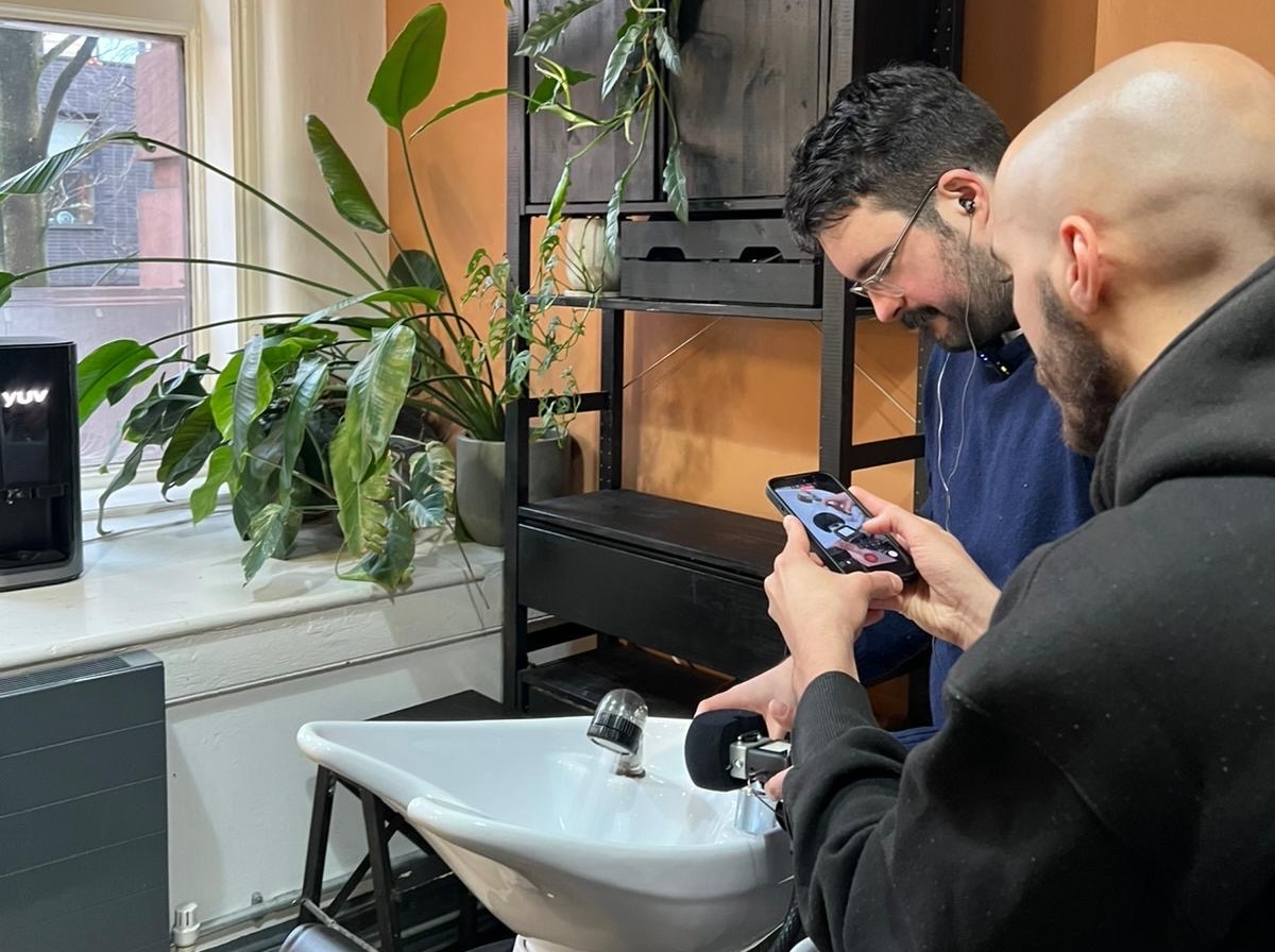 Field recording session at the Shade studio, capturing sounds at the salon basin with a field mic